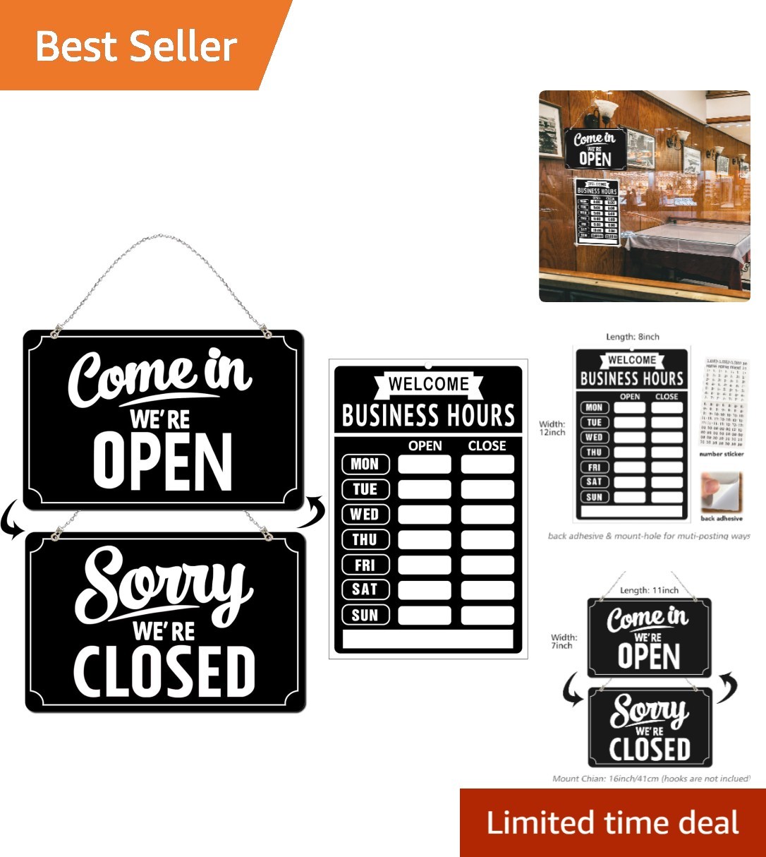 Open Closed Sign Set – Business Hours for Restaurants, Bars & Stores (12″x8″)