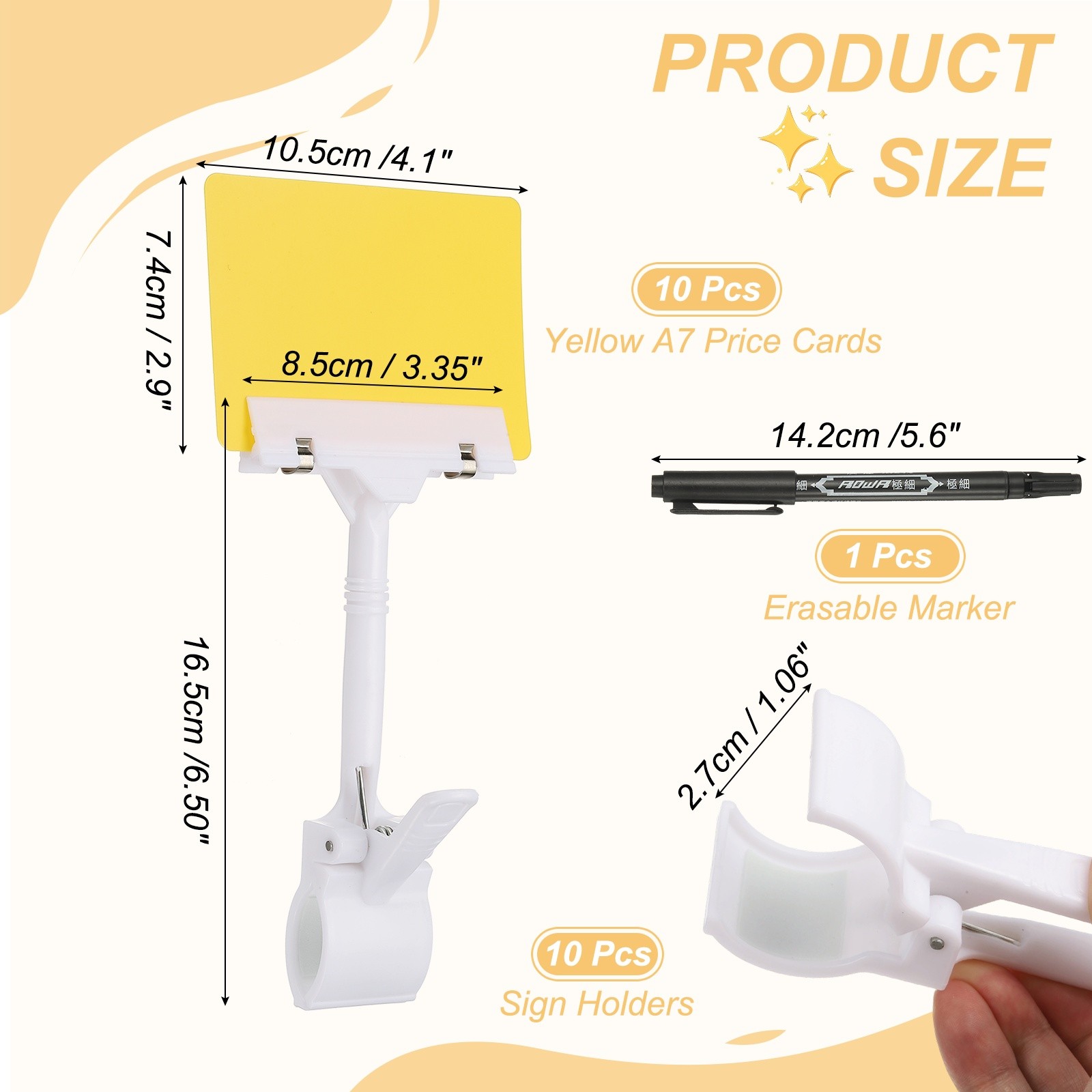 10 Pcs Sign Holders with Yellow A7 Plastic Cards & Erasable Marker, White