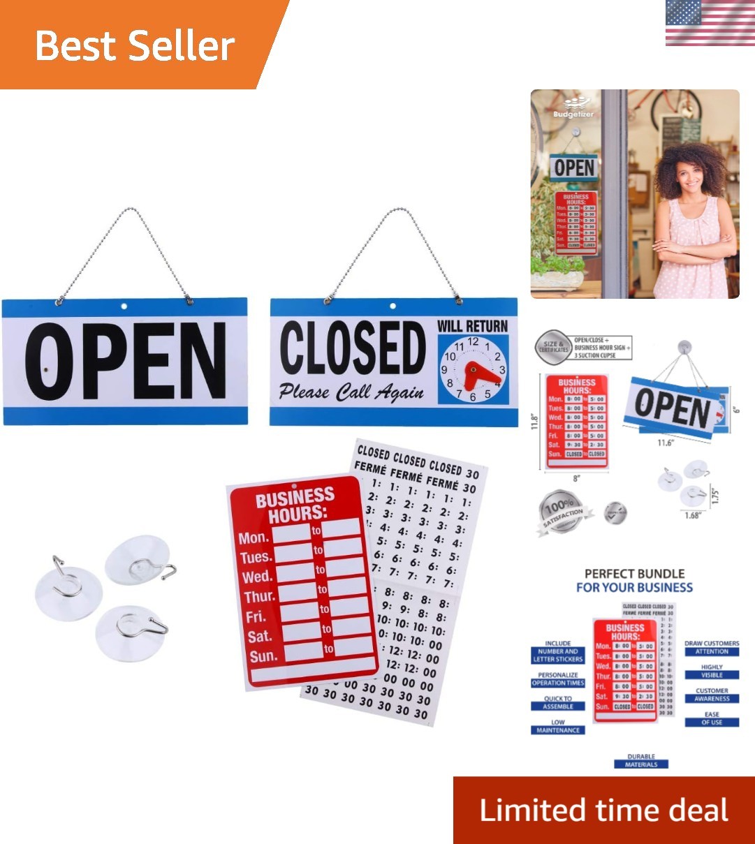 Customizable Open/Closed Sign Bundle with Will Return Clock – 4 Piece Set
