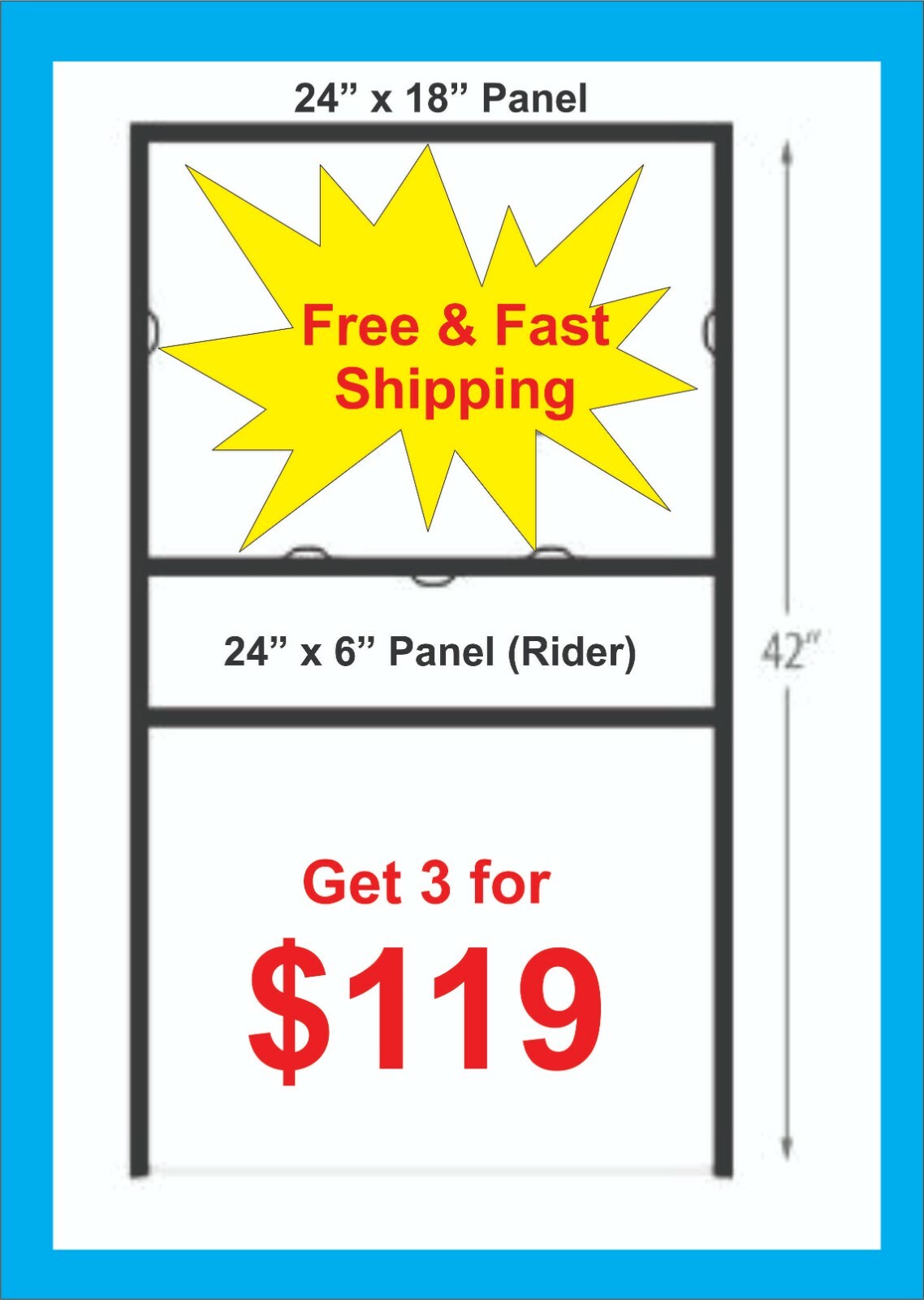 3-Pack, 24″ x 18″ Metal H-Frame for Real Estate signs w/ 24 x 6 Rider, Free Ship
