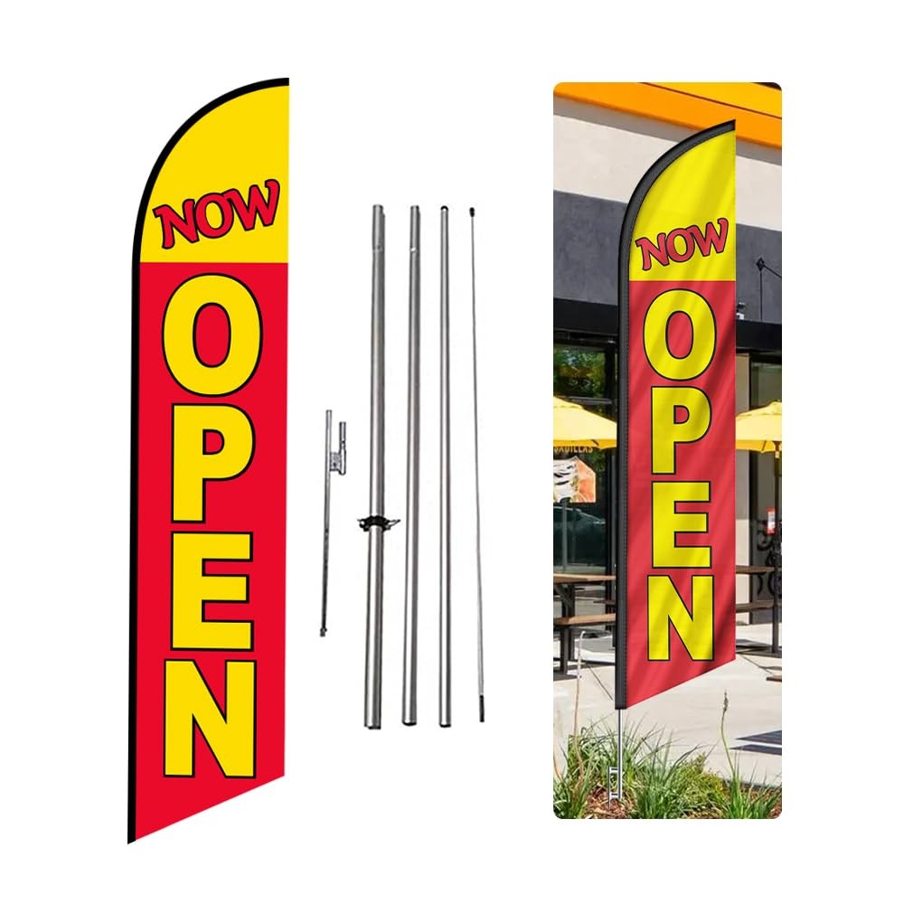 NOW OPEN Advertising Swooper Feather Flag Banner with 15′ Foot Pole Kit and G…