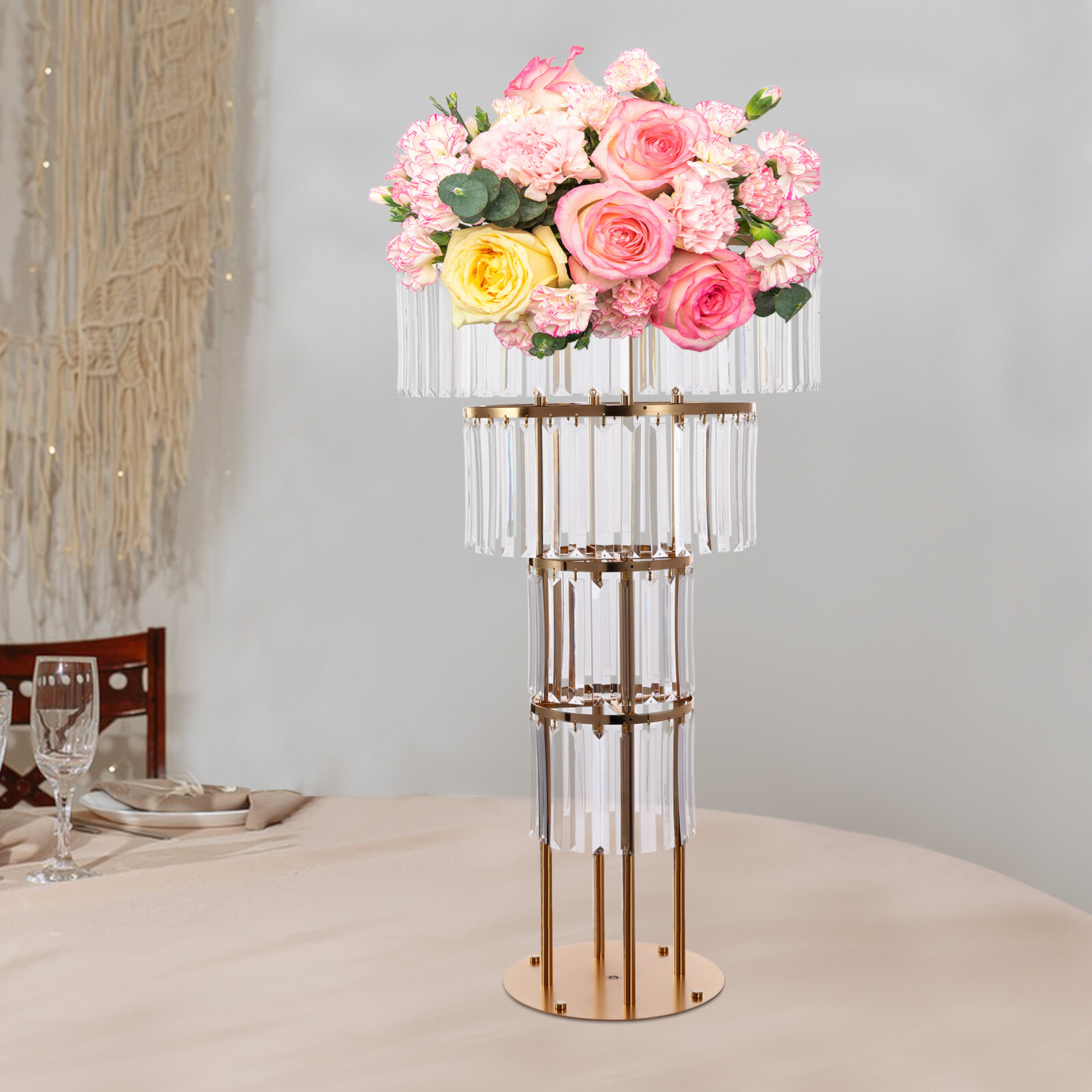 Wedding Gold Crystal Flower Stand, Round Pedestal Stand, Crystal Flower Stand~