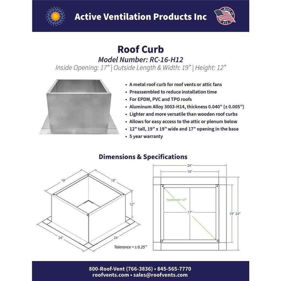 Aluminum Roof Curb Is 19 W X 19 L X 12 In. H Extension Provides Platform Mount