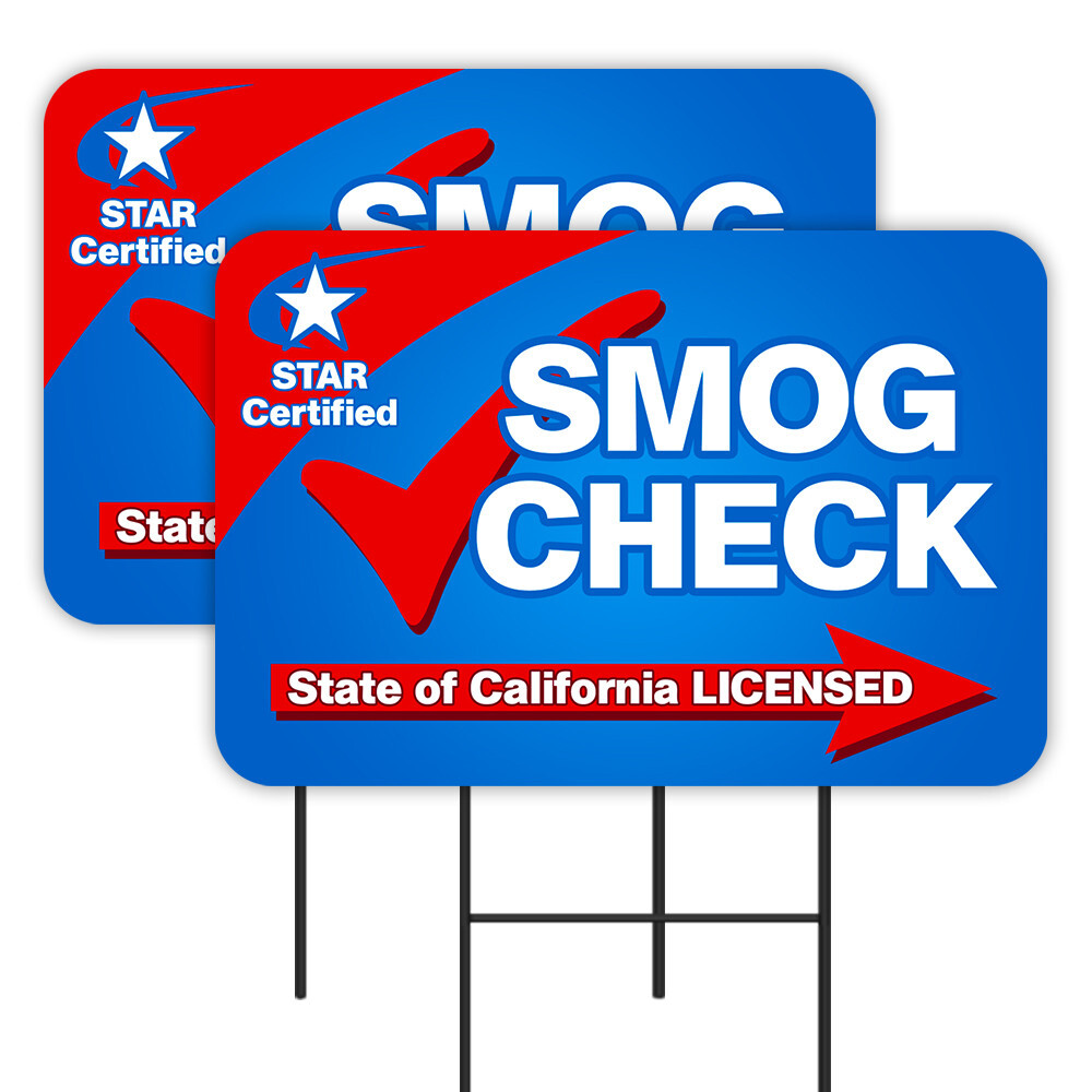 SMOG CHECK 2 Pack Double-Sided Yard Signs 16″ x 24″ with Metal Stakes (Made in T