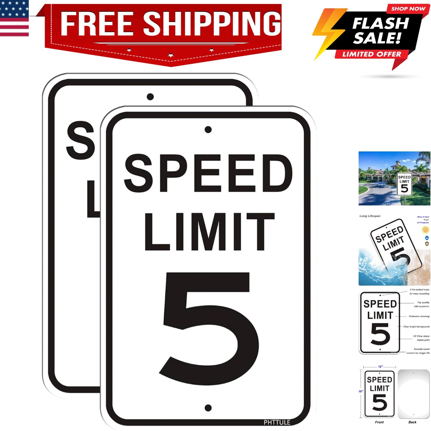 Speed Limit 5 MPH Sign 2 Pack, 12 x 18 inches Slow Down Sign Reflective 40Mil…