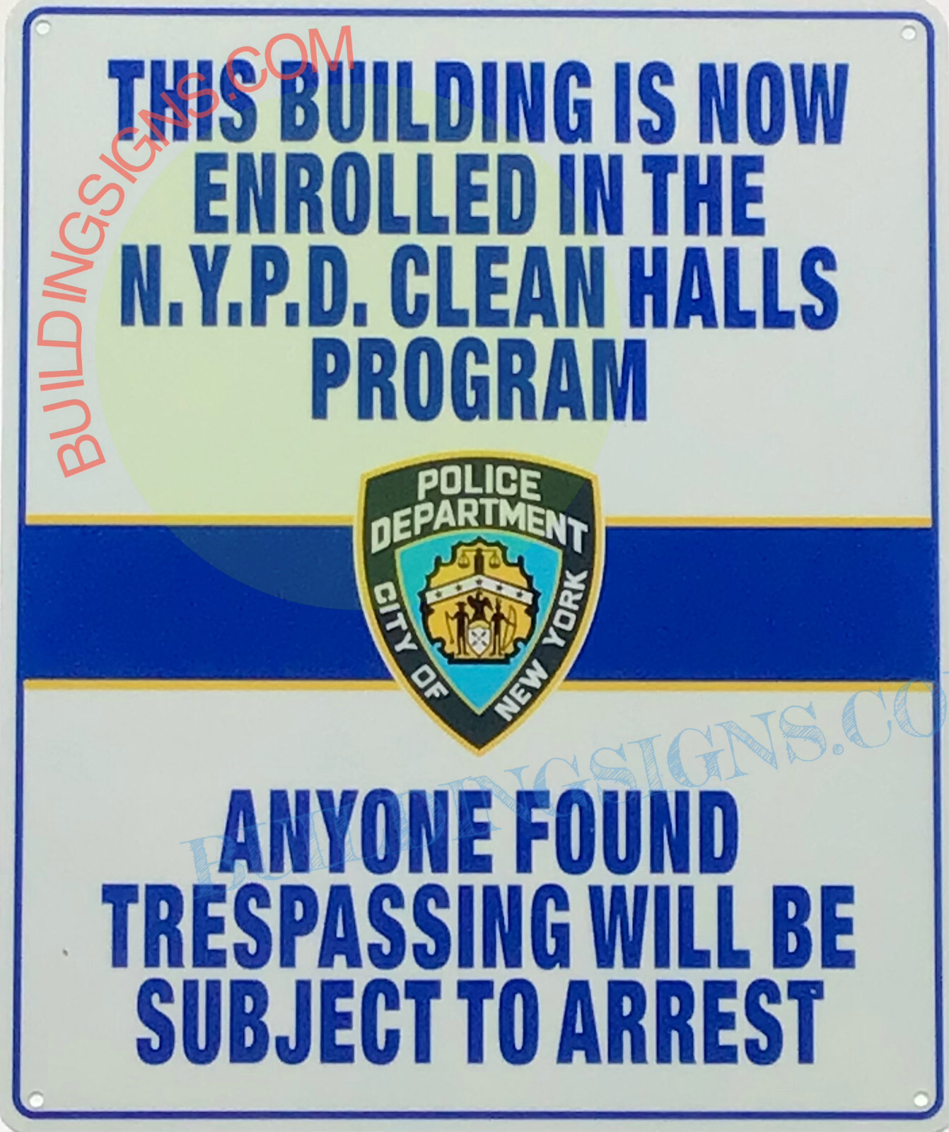 NYPD CLEAN HALLWAYS SIGN (10×12, White, Aluminum)-REF24-1027
