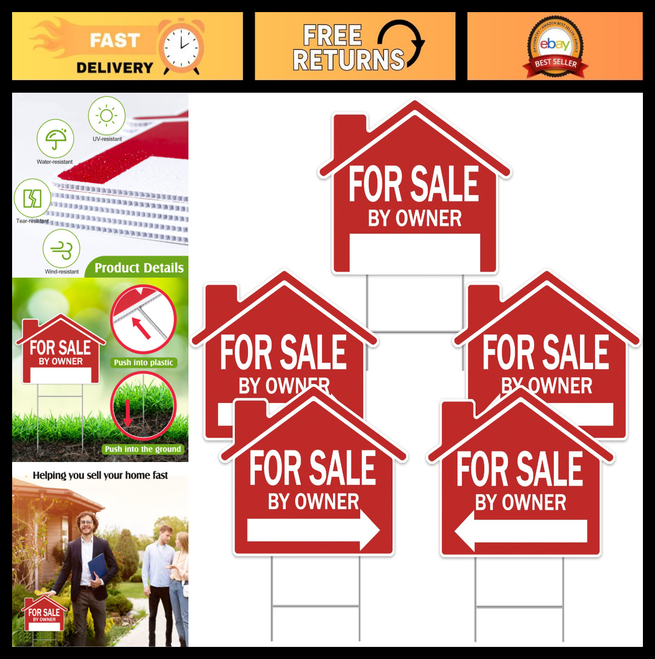 5 Pcs Double-Sided For Sale Yard Signs 18×14 with Metal H Stakes & Arrows