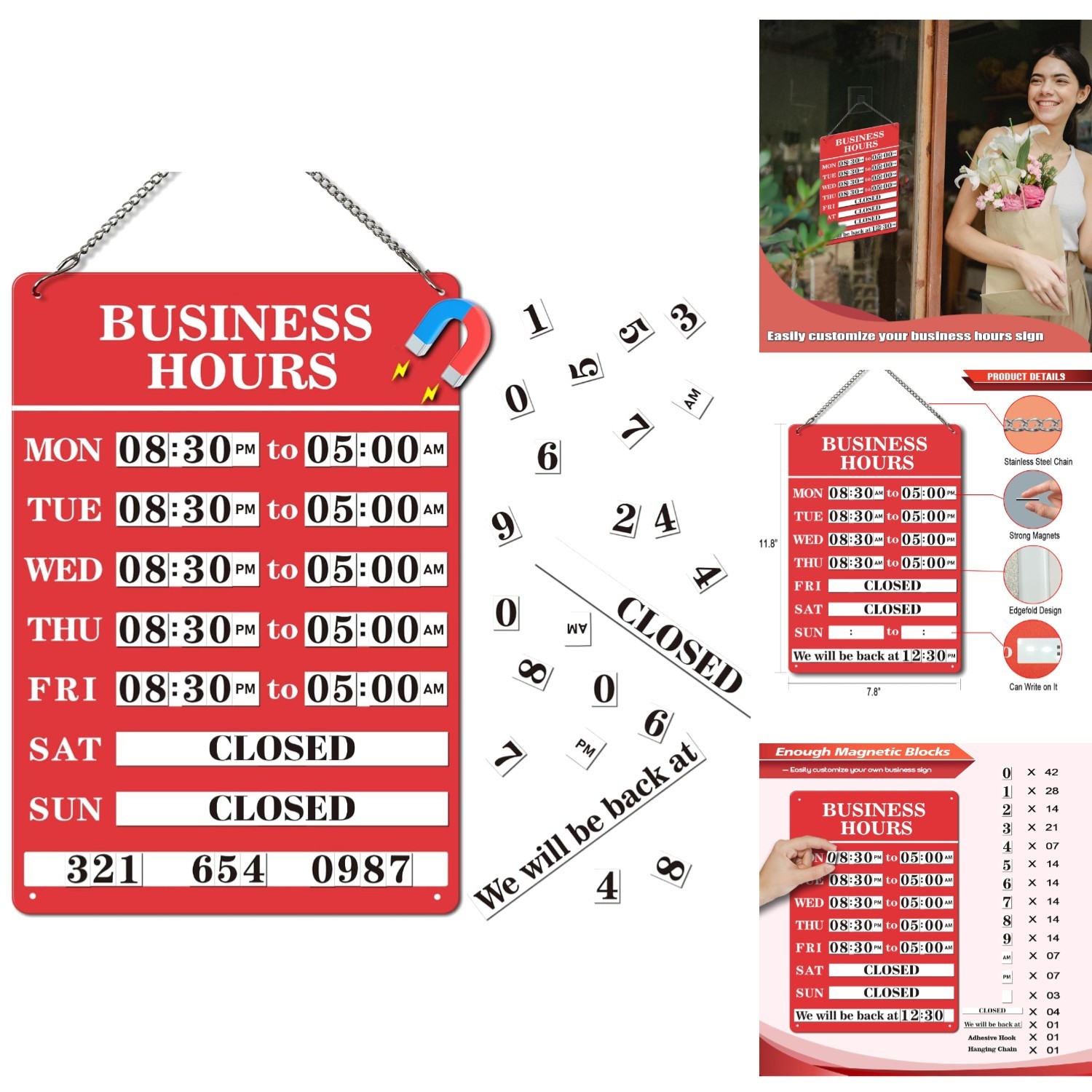 Magnetic Business Hours Sign Metal Storefront Operation Schedule Changeable Red