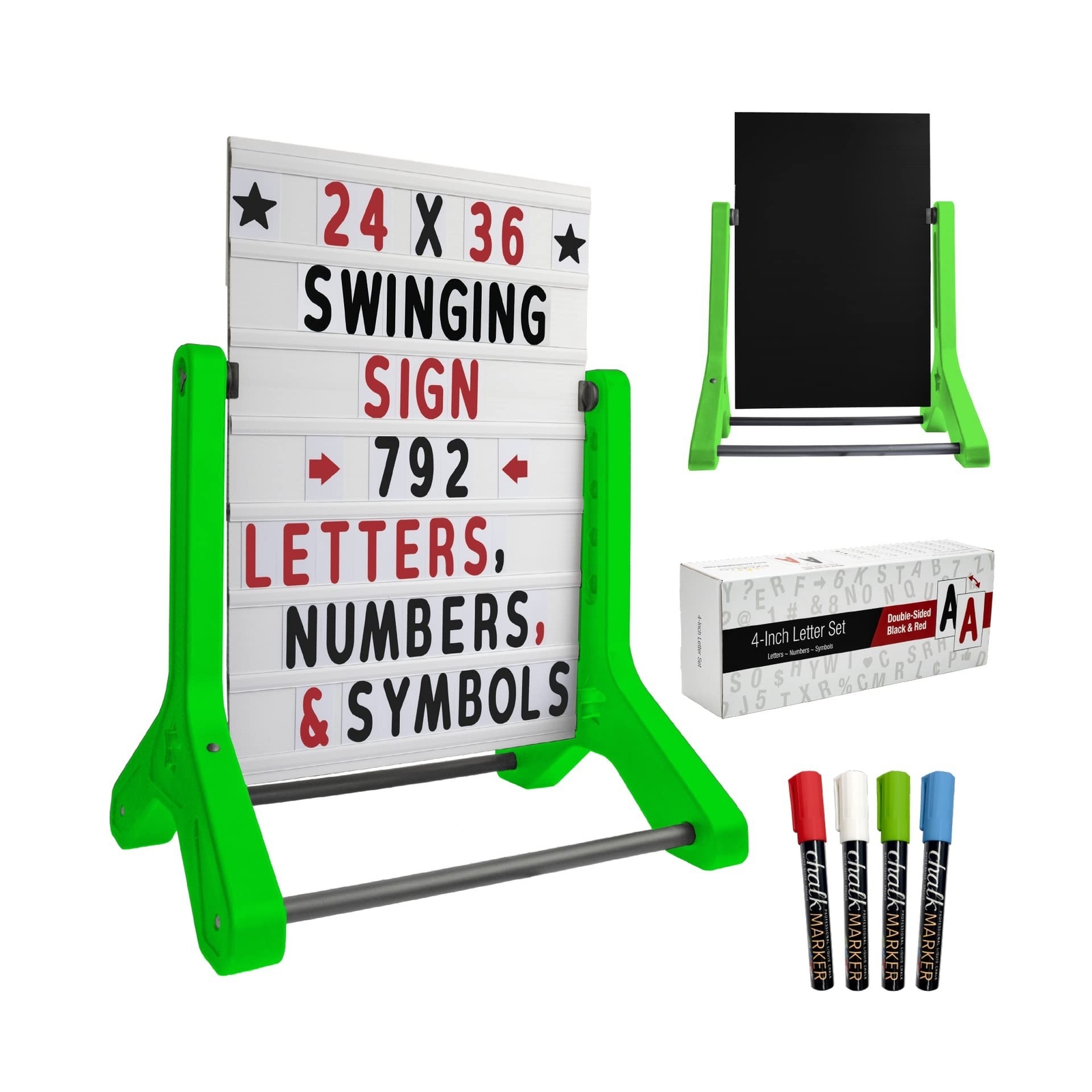 Swinging Changeable Message Sidewalk Sign: 24″ x 36″ Sign with 792 Pre-Cut Do…