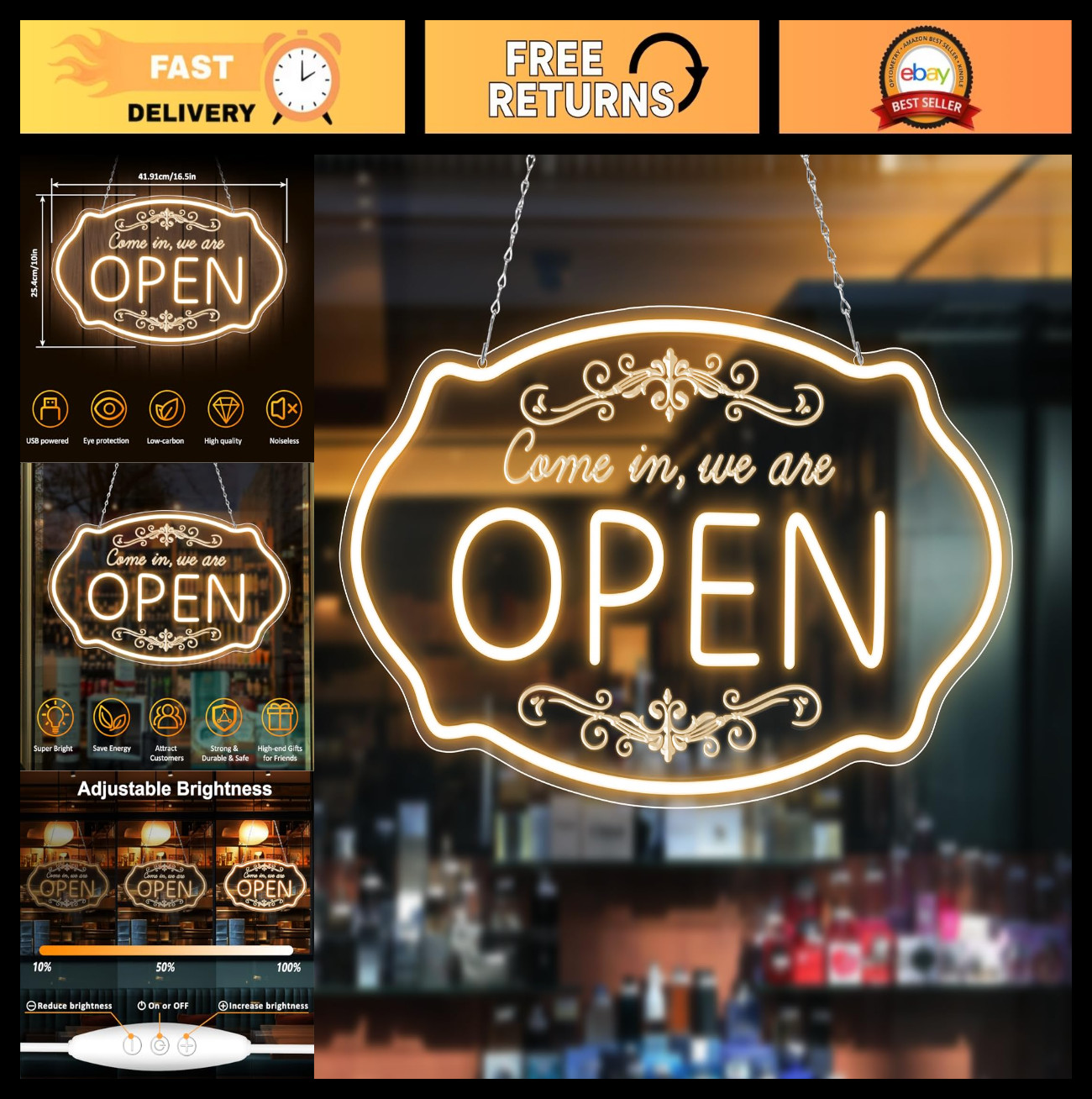 Bright LED Neon Open Sign – 16.5×10” Adjustable Warm White Light for Business,