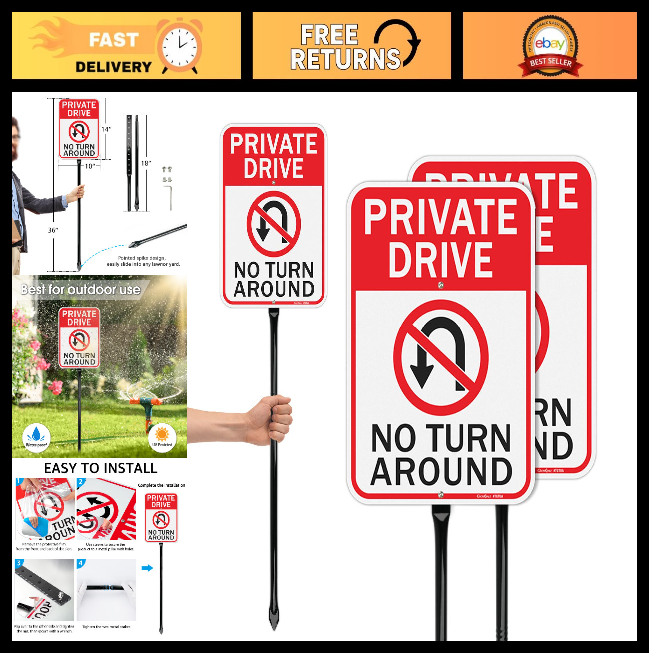 Private Driveway No Turn Around Signs – 36″ Metal Stakes, Reflective Aluminum, W