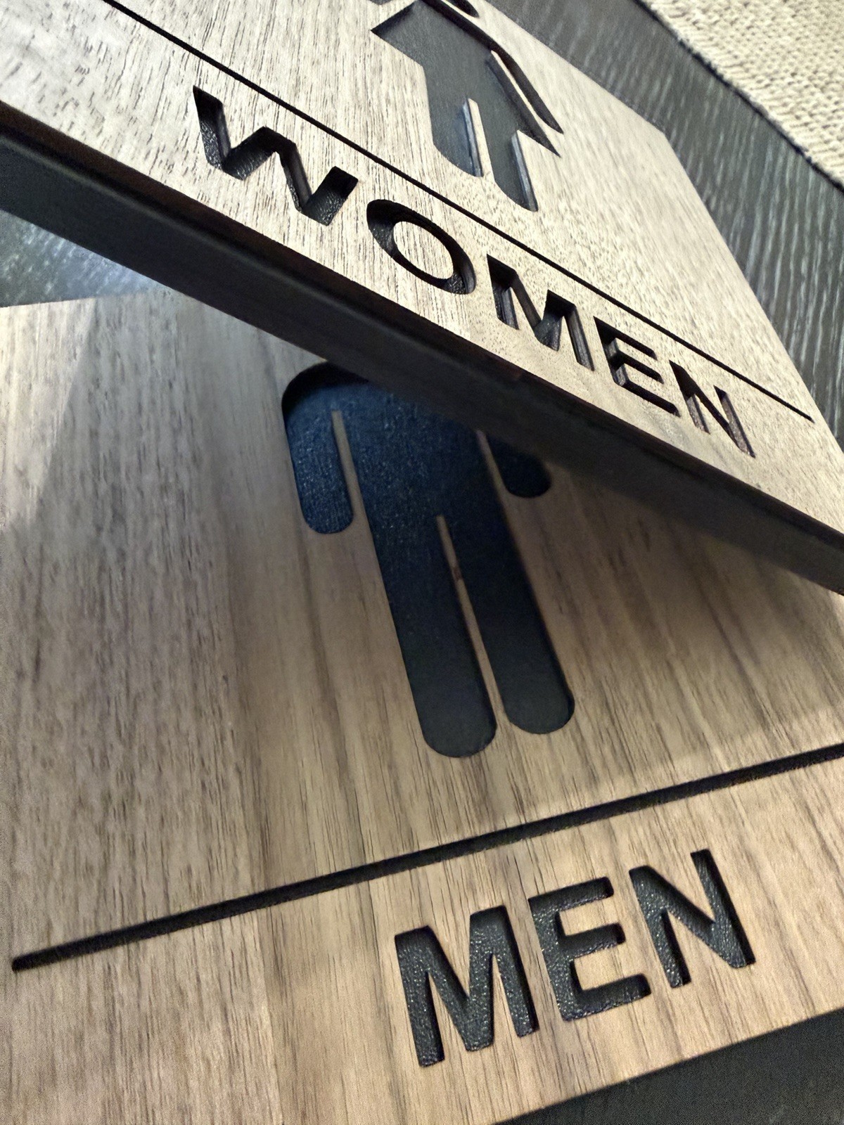 Walnut Wood Laser Cut Male And Female Bathroom Gender Signs For Door