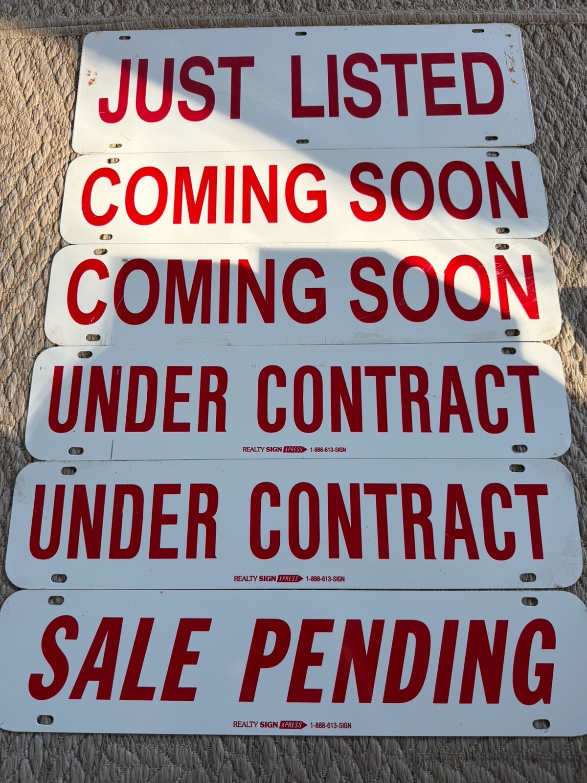 (6)Double Sided Real Estate Signs Metal 18” X 6”/18”X4” Just Listed/Coming Soon