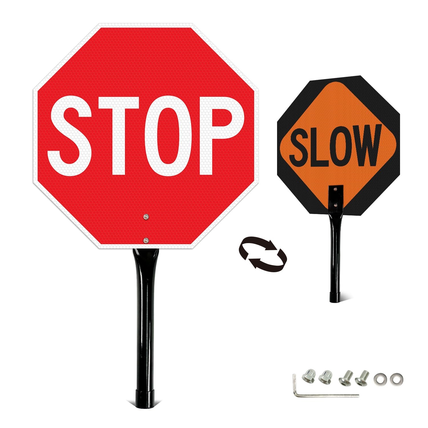 1 PCS Stop Slow Sign Metal Handle 13×13 Inch Double Sided Red Orange Aluminum