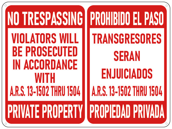 Arizona No Trespassing – Private Property Sign (ARS 13-1502) – 18×24