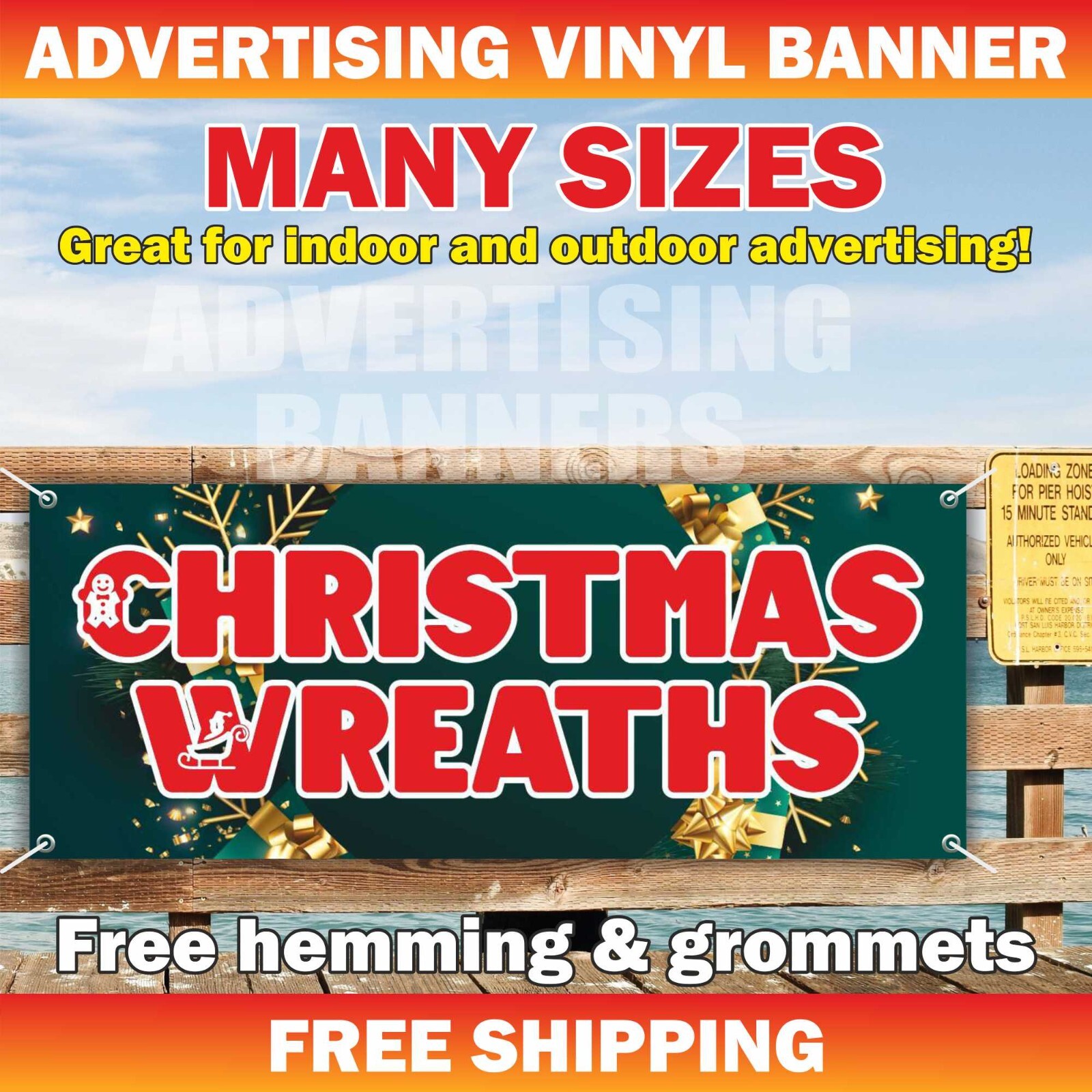 CHRISTMAS WREATHS Advertising Banner Vinyl Mesh Sign Xmas Holiday Christmas Tree