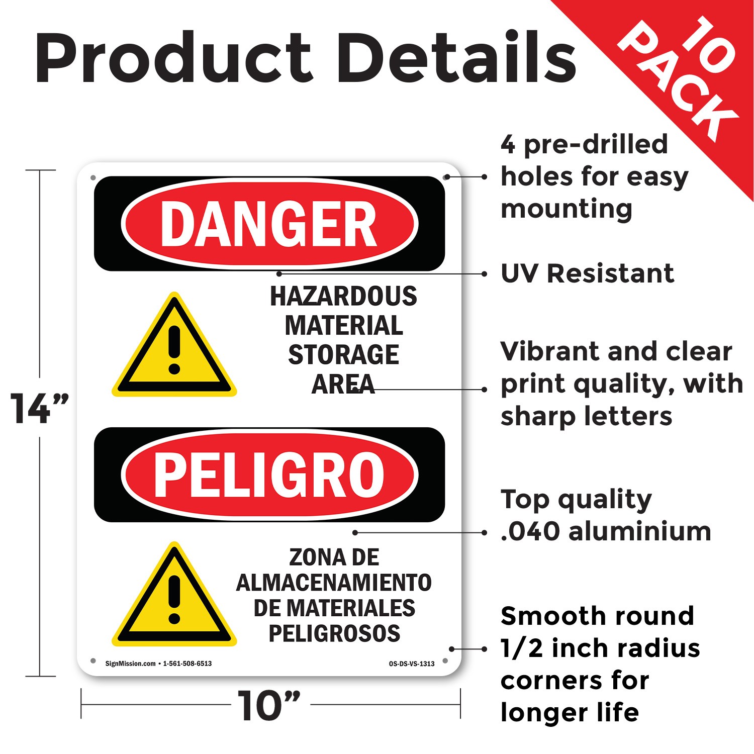 Hazardous Material Storage Area Bilingual OSHA Danger Sign, Decal 5 or 10 Pack