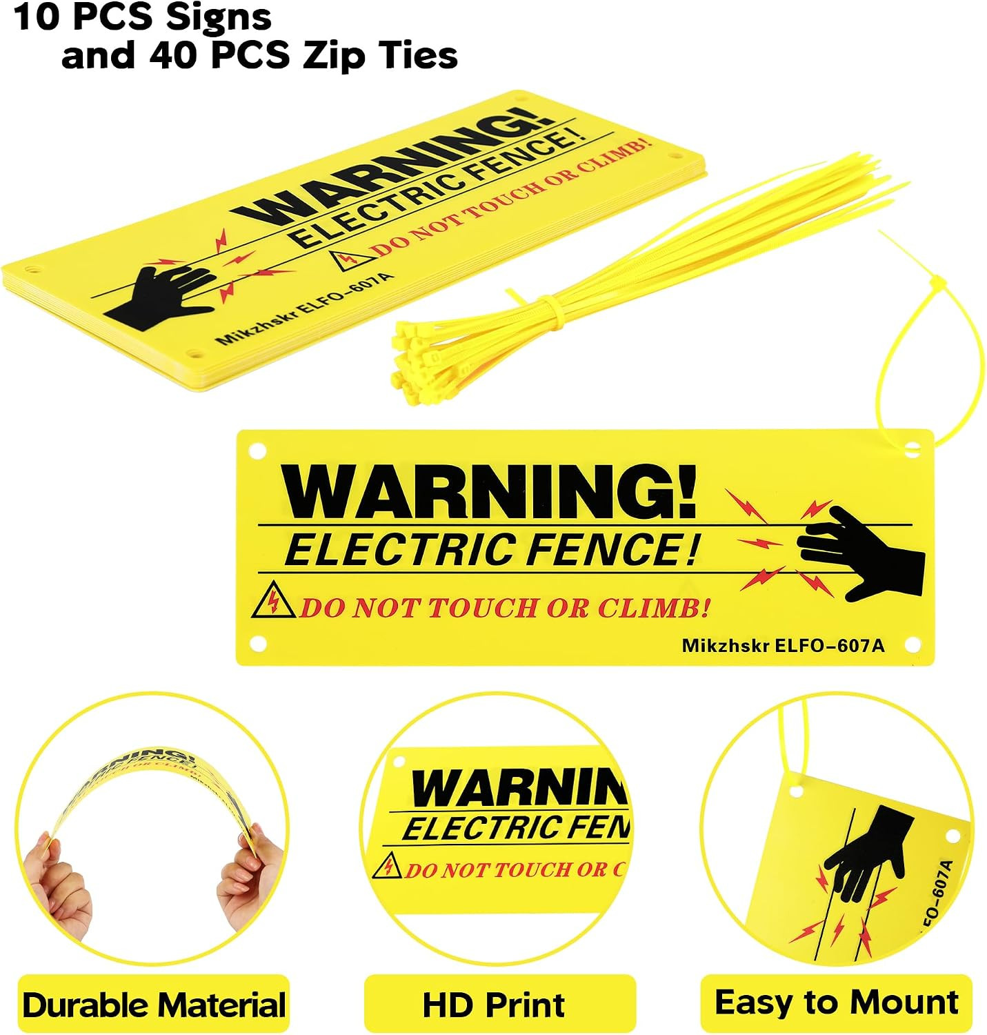 Electric Fence Warning Signs with Zip Ties 10 X 3.5 Inch Plastic Yellow Electric