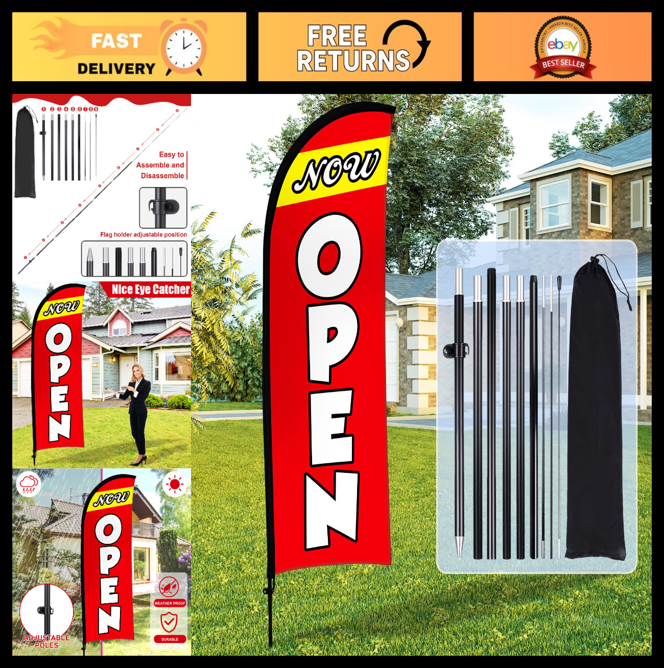 11ft Open Flag Banner for Business Advertising – Feather Flag with Pole & Stake,
