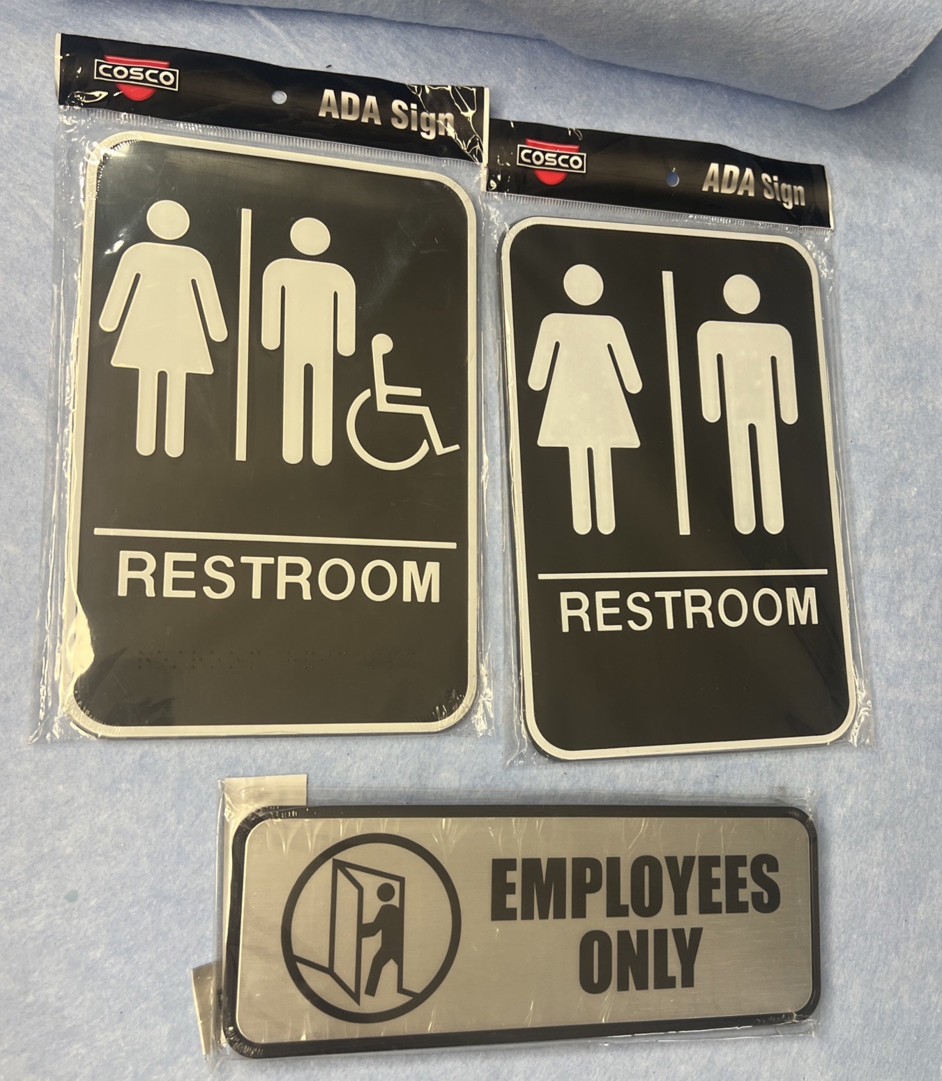 (2) Unisex Male Female Restroom Sign & (1) Employees Only Sign