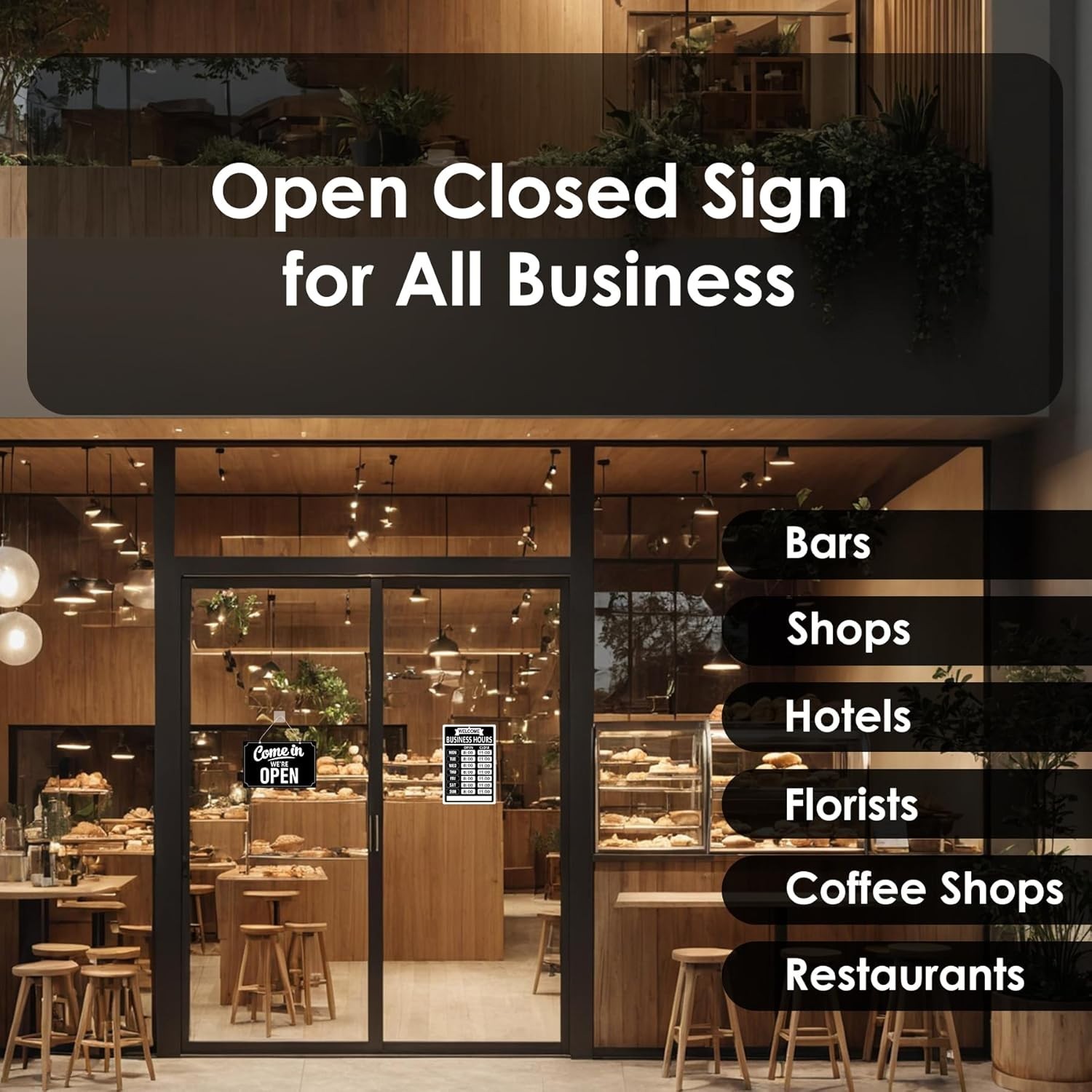 Open Closed Flip Sign Set, Business Hours Sign for Window Door, Black Double Sid