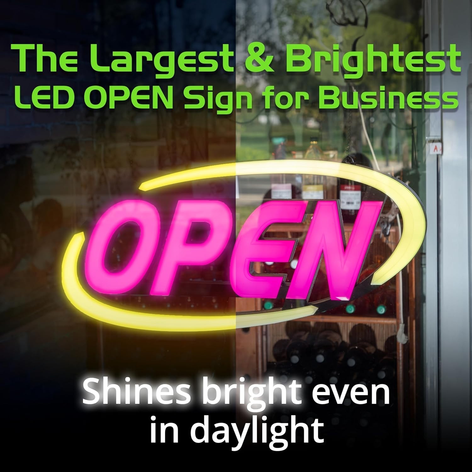 GLI LED Open Sign – 64 Color Combos & App Control – 15×32 Inch Business Sign