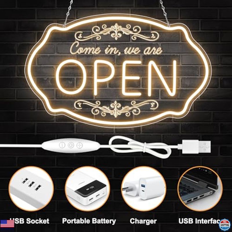 LED Neon Open Sign for Business, 16.5×10” Come in We’re Open Sign, Warm White