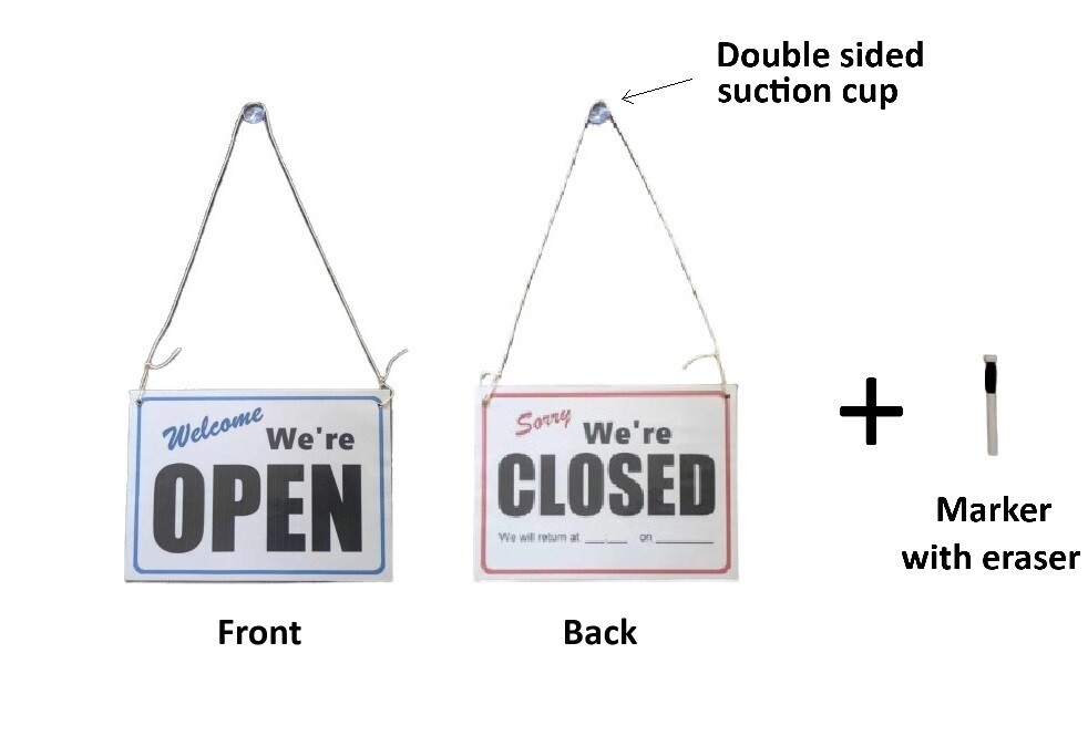 OPEN/CLOSED 30x22cm Laminated Paper Sign + marker with eraser + suction