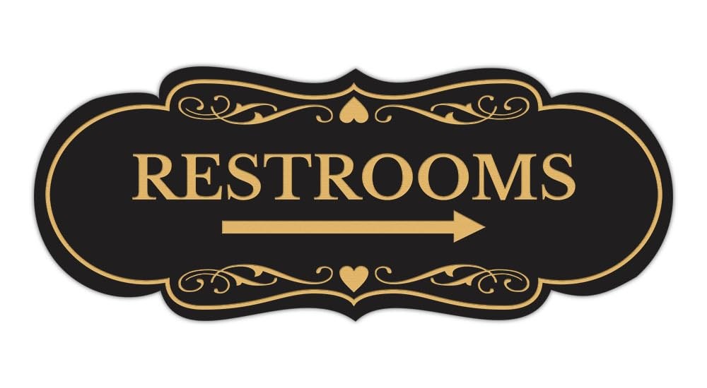 1 Pack Designer Restrooms Right Arrow Sign Black Gold Large Wall Door Decor