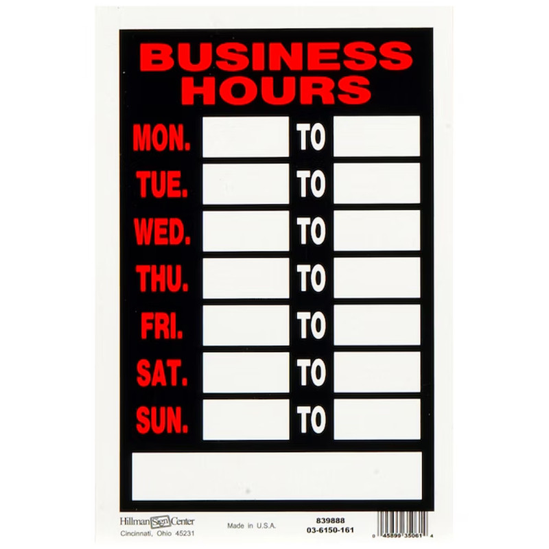 Hillman Business Hours 12-In X 8-In Plastic Business Hours Sign