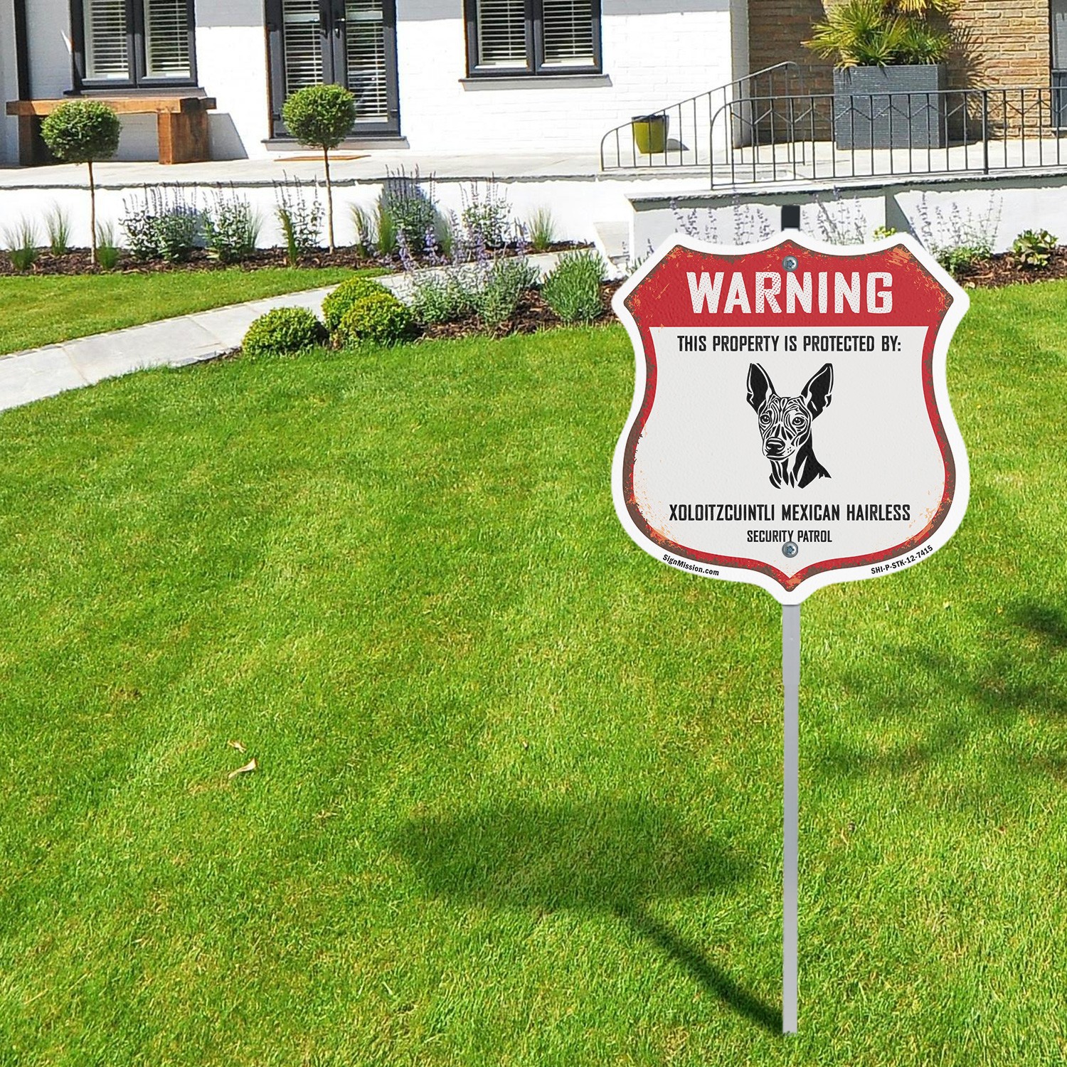 Warning Property Protected by Xoloitzcuintli Mexican Hai Shield Sign With Stake