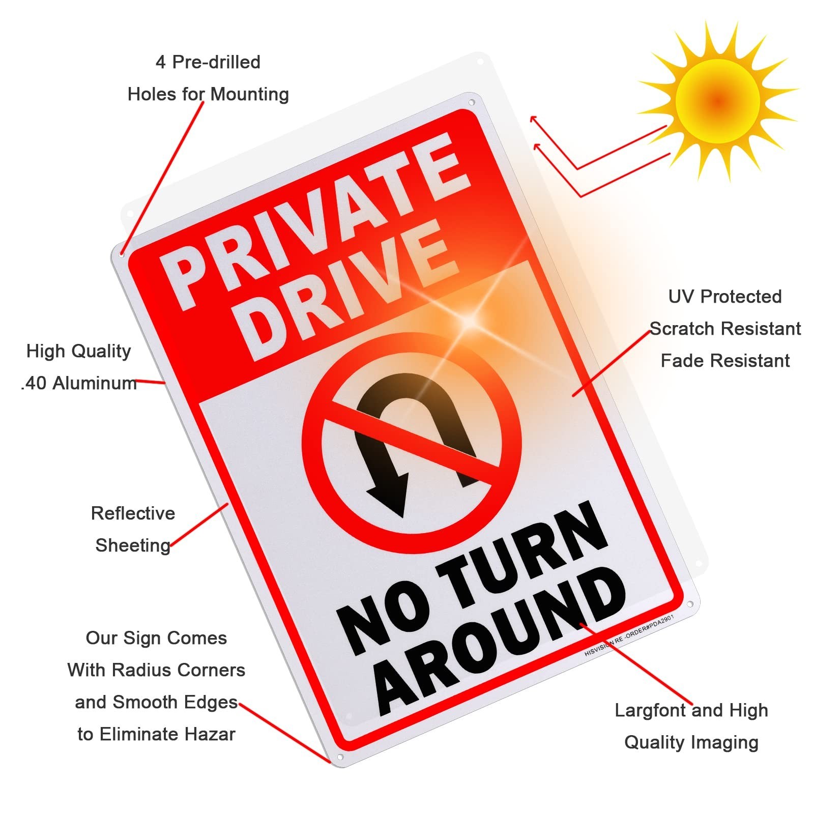 Private Drive No Turn Around Sign 2 Pack 10×14 Aluminum Reflective Rust Free UV