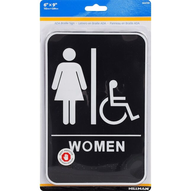 Hillman Women Restroom Door Wall Sign ADA w/ Braille – Black & White – 6″ x 9″