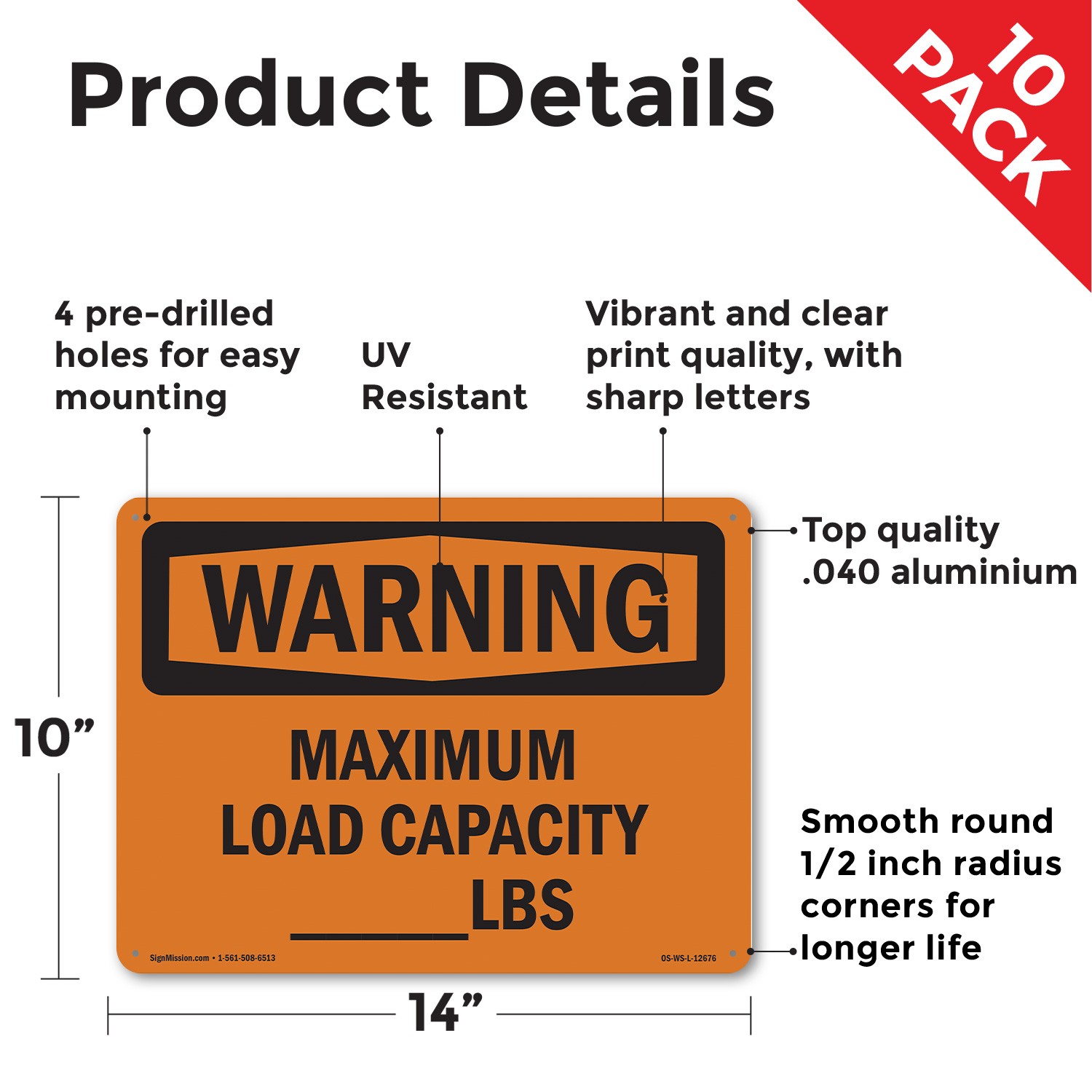 Maximum Load Capacity lbs OSHA WARNING Sign Metal, Plastic, Decal 5 or 10 Pack