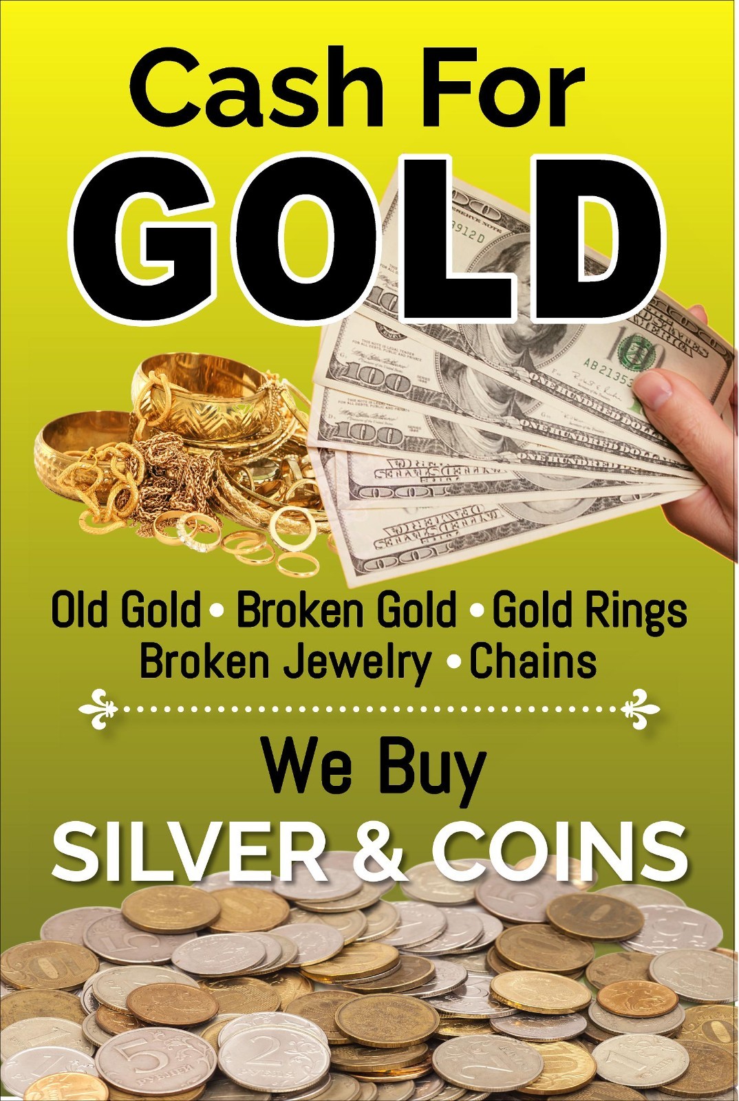 Cash for Gold Jewelry rings We buy Silver and Coins Advertising Poster Sign