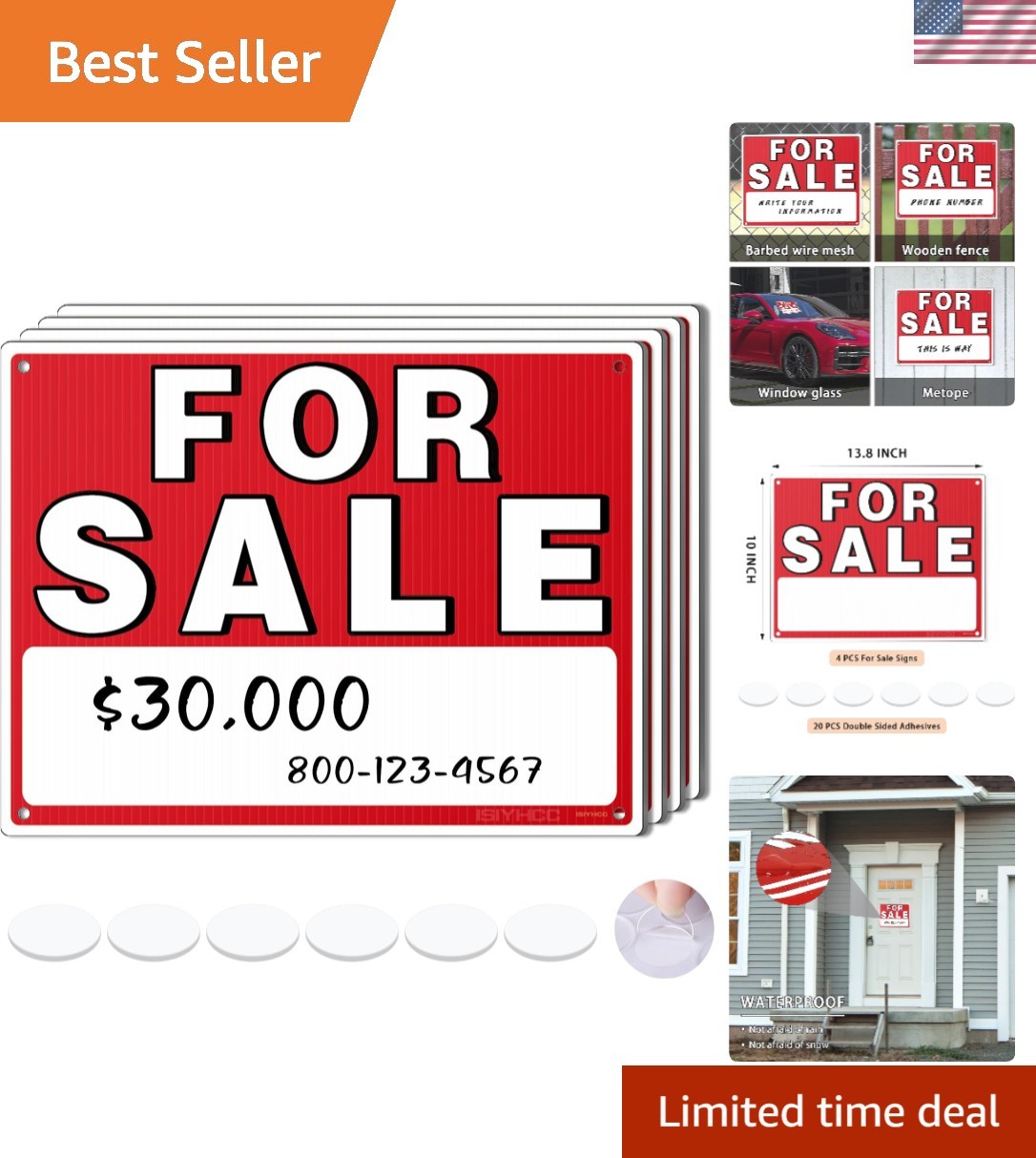 4 Pack of For Sale Signs – 14″x10″, No Residue for Easy Vehicle Selling