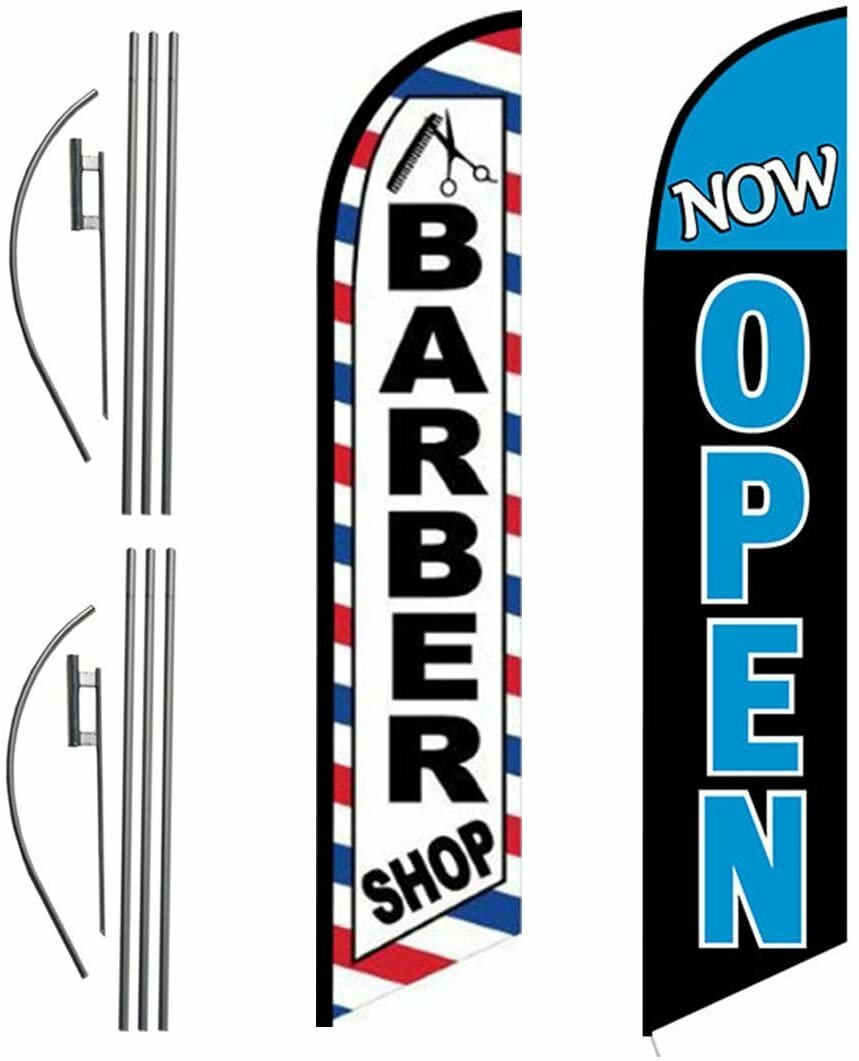 FFN Barber Shop and Now Open 15ft Outdoor Advertising Feather Swooper Banner…