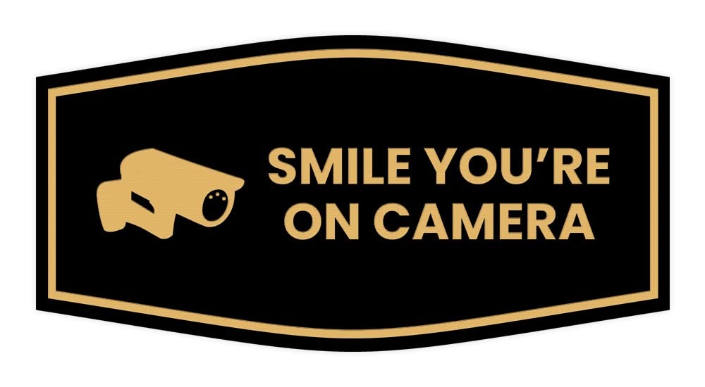 1 Pack Medium Smile Youre On Camera Sign, Black Gold, Fancy, Business
