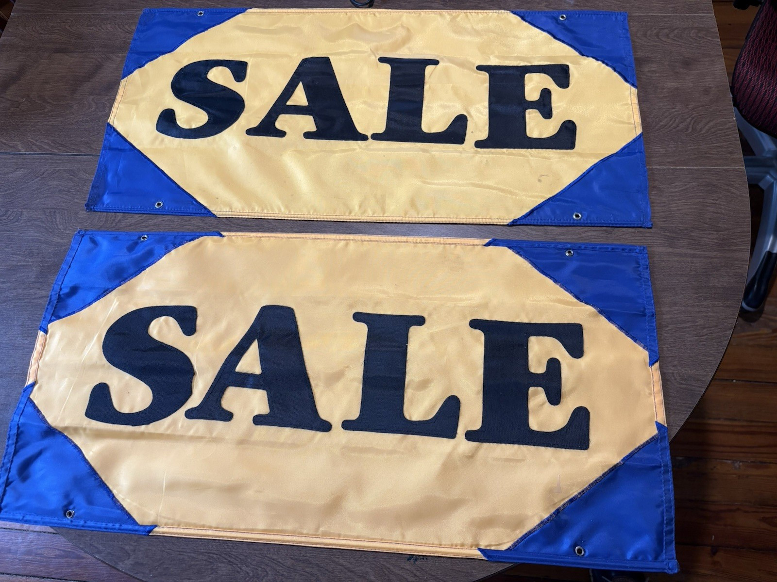 SALE Two Sided Grommets Sewn Letter Nylon Retail Banner Yellow Blue & Black (2)