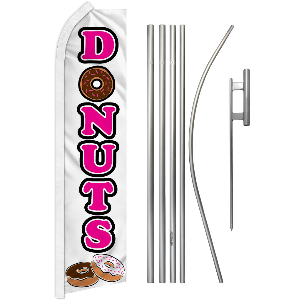 Donuts Advertising Swooper Feather Flutter Flag Pole Kit Food Concessions WHT