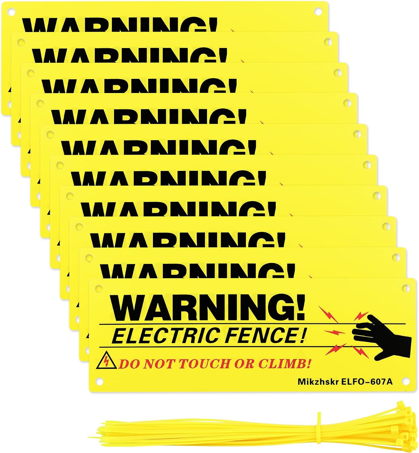Electric Fence Warning Signs with Zip Ties 10 X 3.5 Inch Plastic Yellow Electric