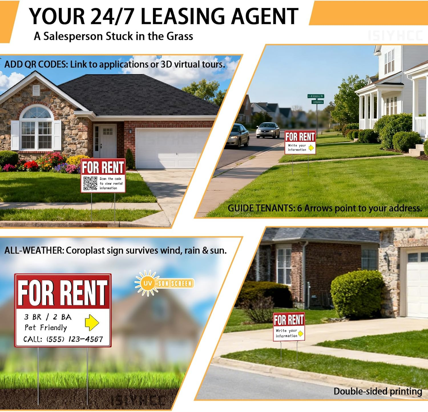 2 Pack For Rent Sign with Stakes, 17×13″ Double-Sided Yard Sign – Extra Large Wr