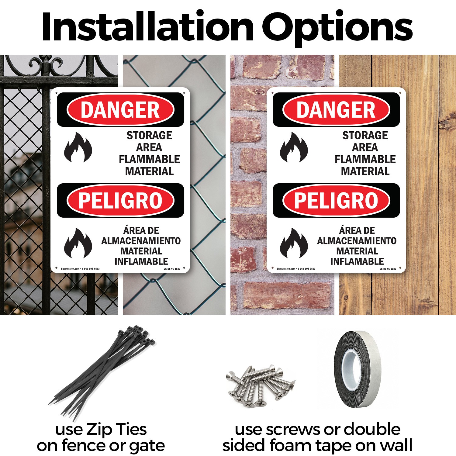 Storage Area Flammable Material Bilingual OSHA Danger Sign, Decal 5 or 10 Pack