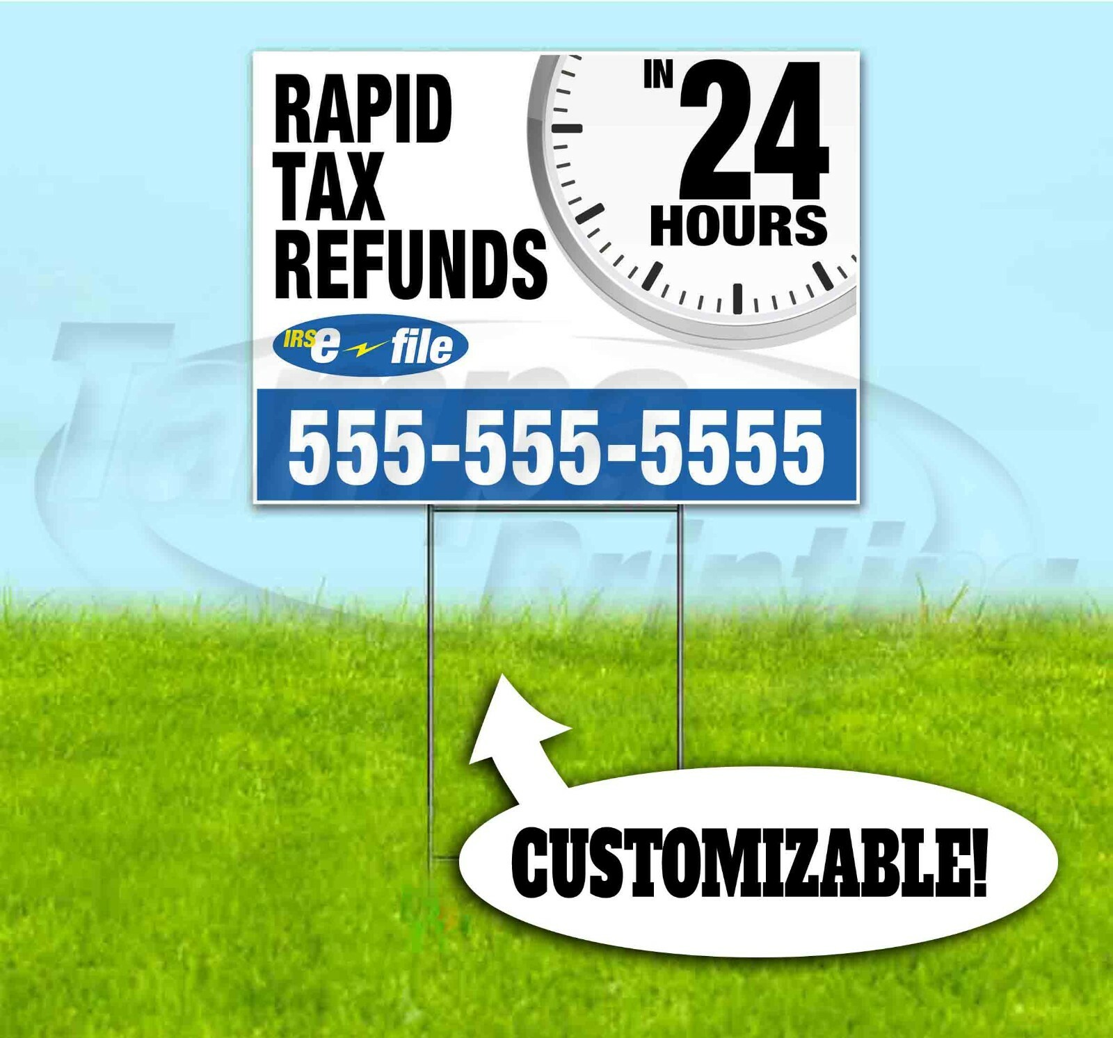 RAPID TAX REFUNDS IN 24 HOURS CUSTOM 18×24 Yard Sign WITH STAKE Corrugated USA