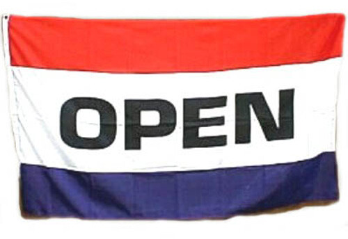 OPEN Flag 5′ wide x 3′ high Red White & Blue