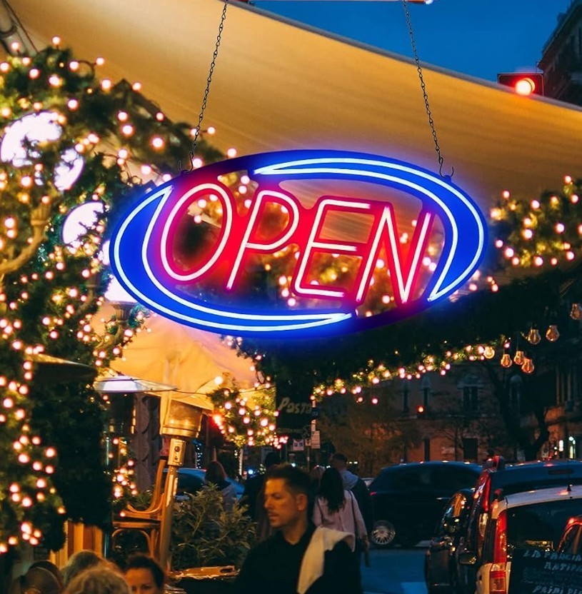 Neon LED Hanging Open Sign for Business Store 32 x 16 in w Remote Flashing Mode