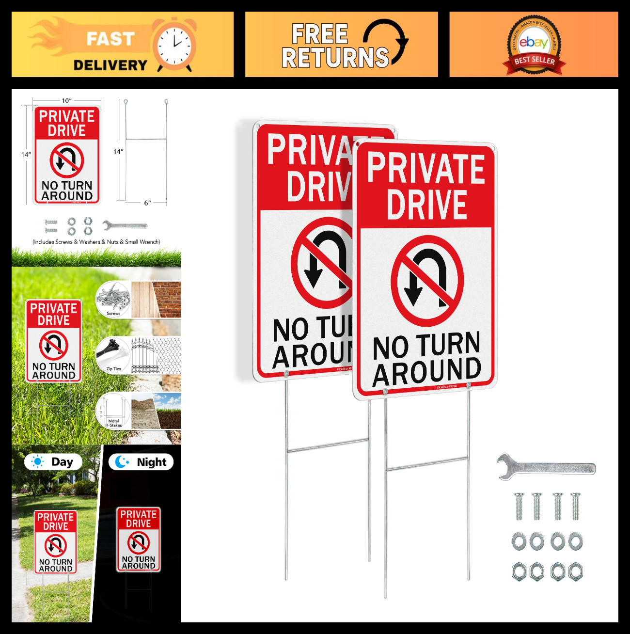 Private Driveway No Turn Around Signs – Reflective Aluminum, Waterproof, 14×10 i