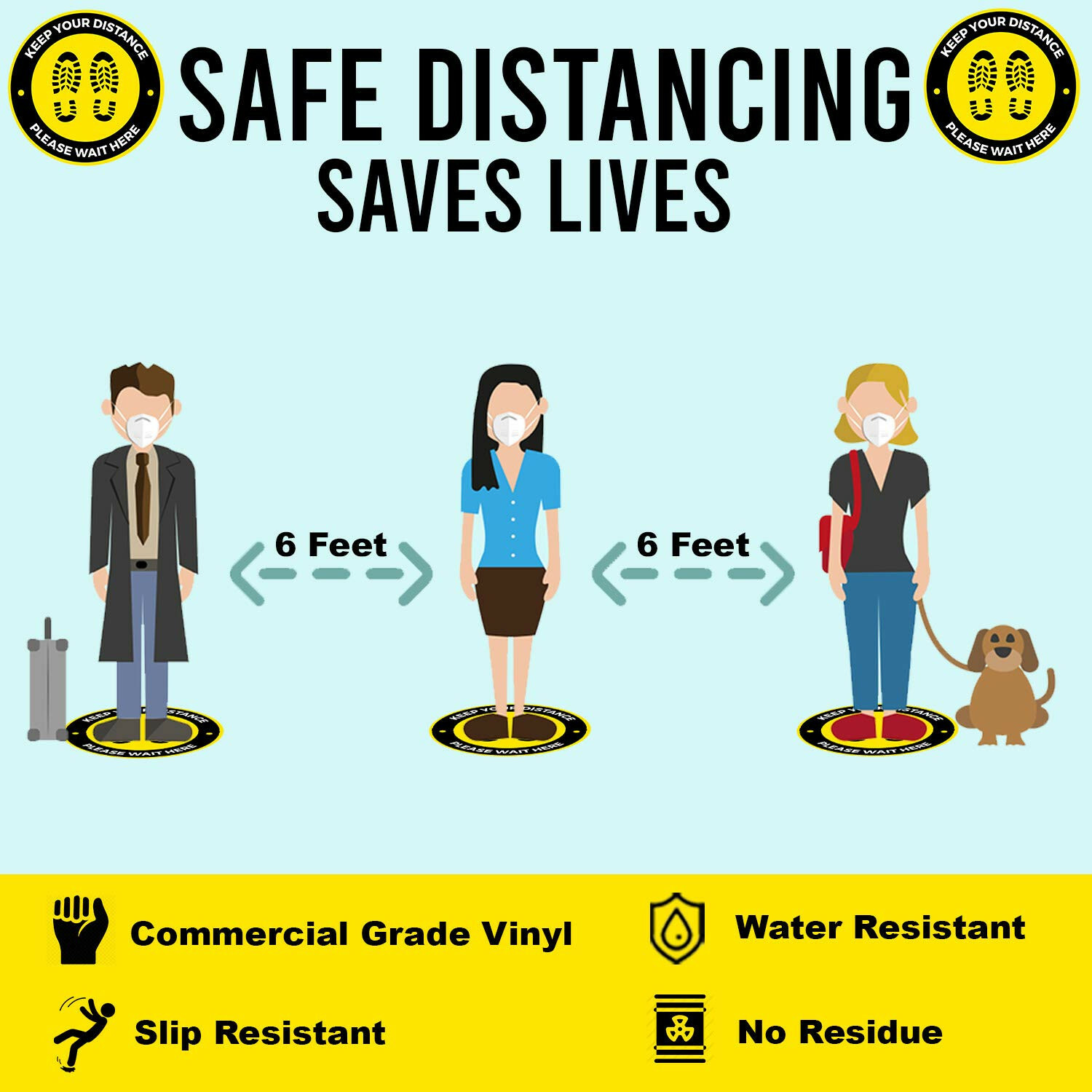 10 Pack Social Distancing Floor Decals – 11″ Commercial Grade Removable Sticker