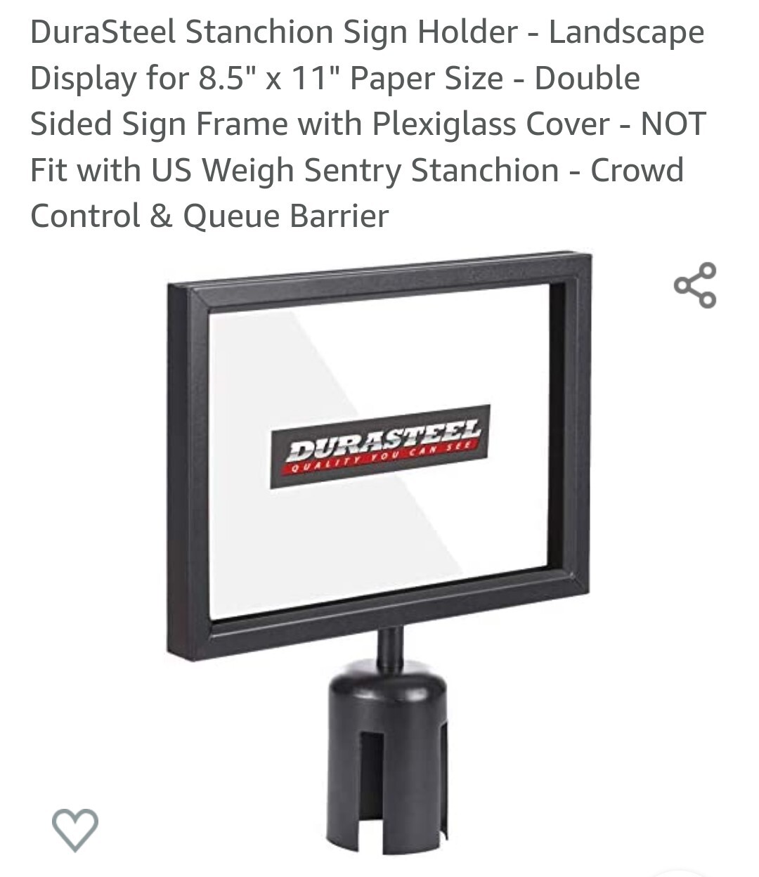DURASTEEL Horizontal Landscape Sign Holder – NEW IN BOX – Fits 8.5″ x 11″ Paper