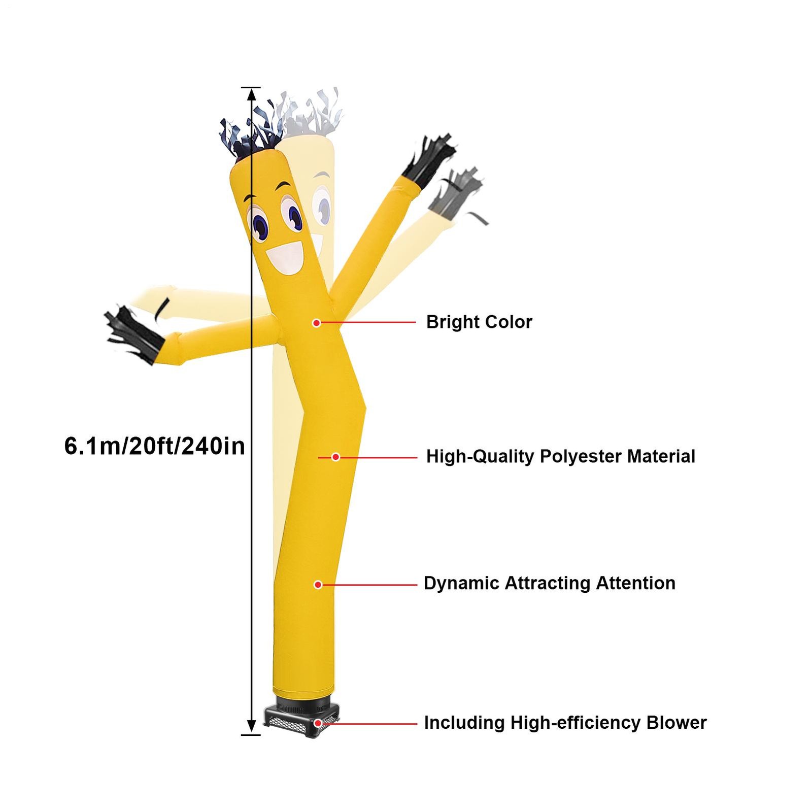 20ft Yellow Inflatable Dancing Sky Puppet Tube Man with Blower for Events